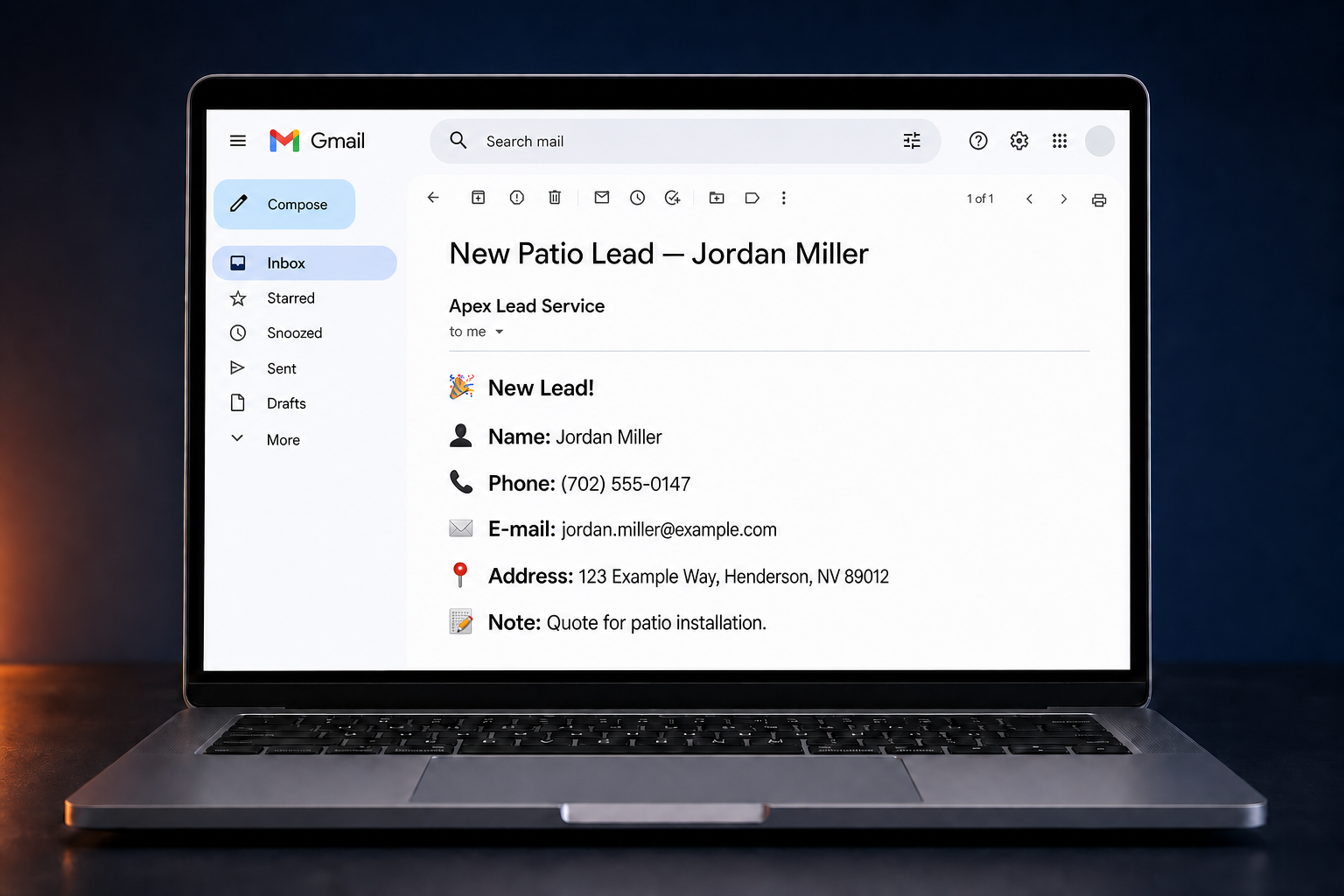 Gmail inbox on a laptop showing a new home service lead email from Apex Lead Service with the homeowner's contact details and project note