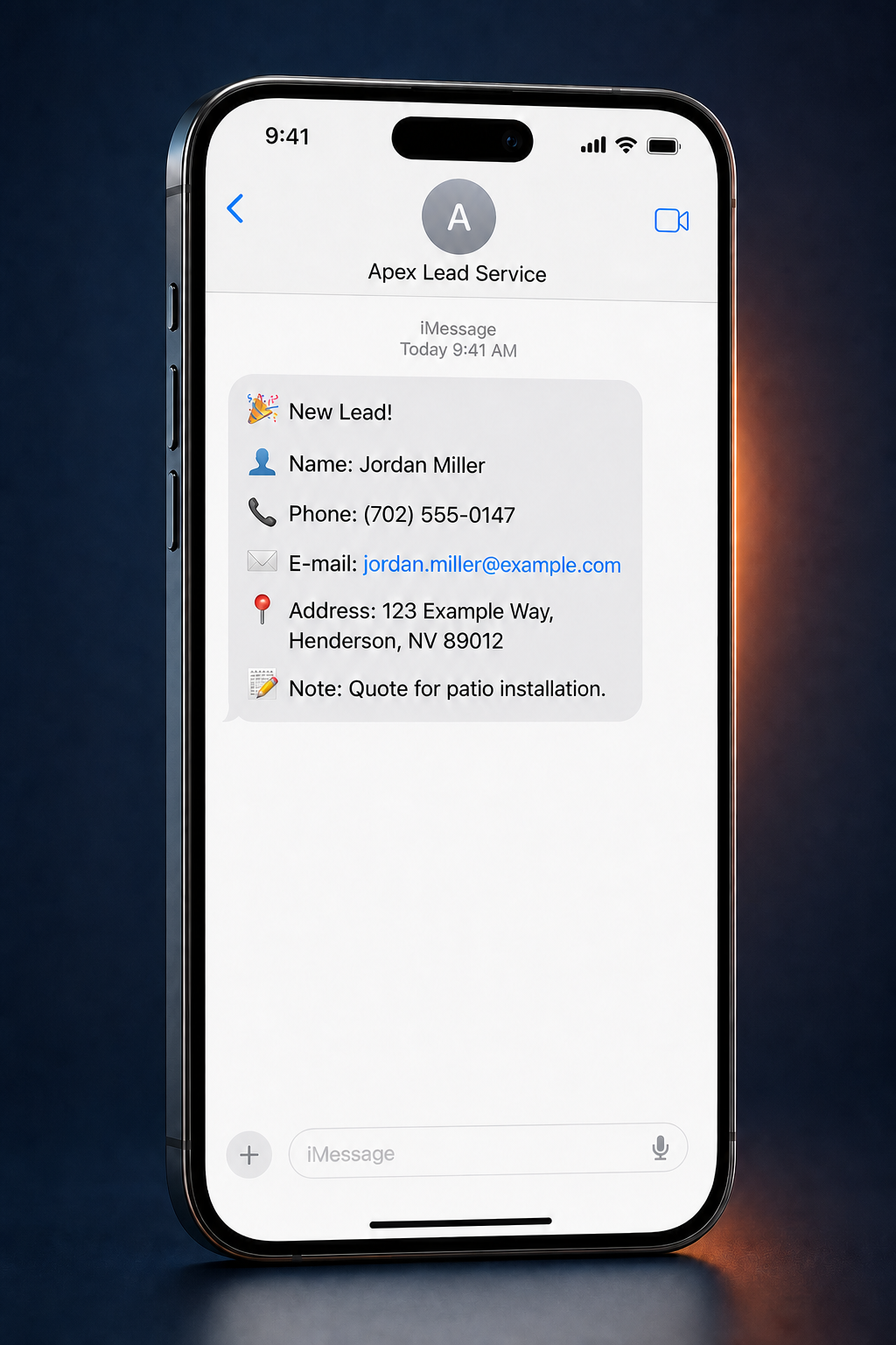 Text message from Apex Lead Service on an iPhone showing a new home service lead with phone, email, address, and a project note
